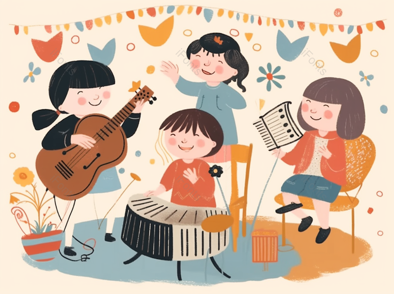 四个小朋友音乐会乐器六一儿童节小朋友童年欢乐聚会团聚庆祝插画,插画/手绘图,插画/手绘图库,插画/手绘图下载,插画/手绘